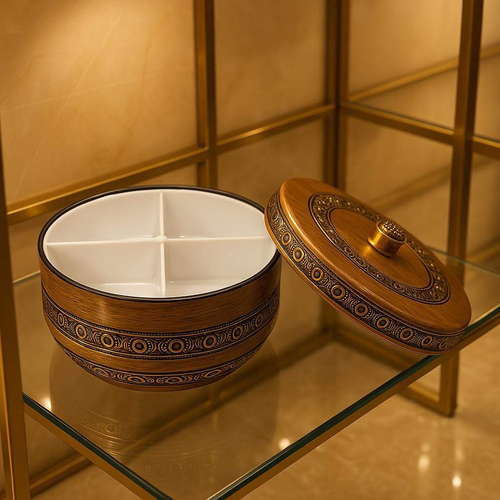 Revolving Dry Fruit & Snack Storage Box | 4-Section Multi-Purpose Container | Dry Food Organizer, Serving Platter & Gift Box for Home & Festive Use (Luxe)