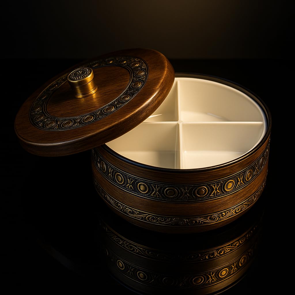 Revolving Dry Fruit & Snack Storage Box | 4-Section Multi-Purpose Container | Dry Food Organizer, Serving Platter & Gift Box for Home & Festive Use (Luxe)