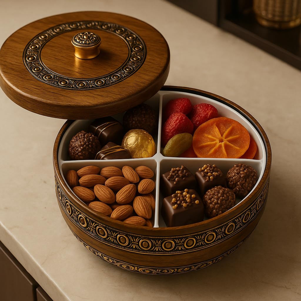 Revolving Dry Fruit & Snack Storage Box | 4-Section Multi-Purpose Container | Dry Food Organizer, Serving Platter & Gift Box for Home & Festive Use (Luxe)