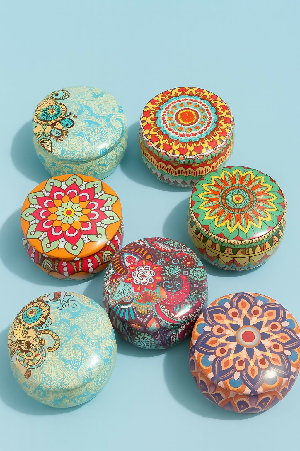 Set of 6 Round Decorative Metal Storage Tins with Multicolor Boho Mandala Prints – Reusable Small Gift Boxes for Jewelry, Candies, Spices, and Party Favors – Vintage Ethnic Print Tin Containers