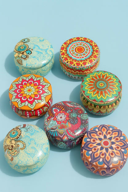 Set of 6 Round Decorative Metal Storage Tins with Multicolor Boho Mandala Prints – Reusable Small Gift Boxes for Jewelry, Candies, Spices, and Party Favors – Vintage Ethnic Print Tin Containers